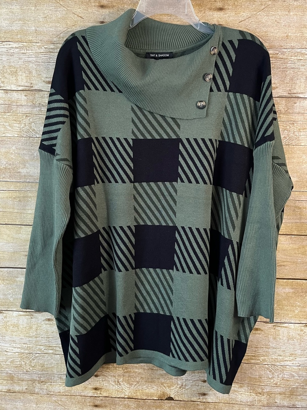 Tint & Shadow Green Black Check Knit Pullover Sweater Buttoned Funnel Neck L/XL